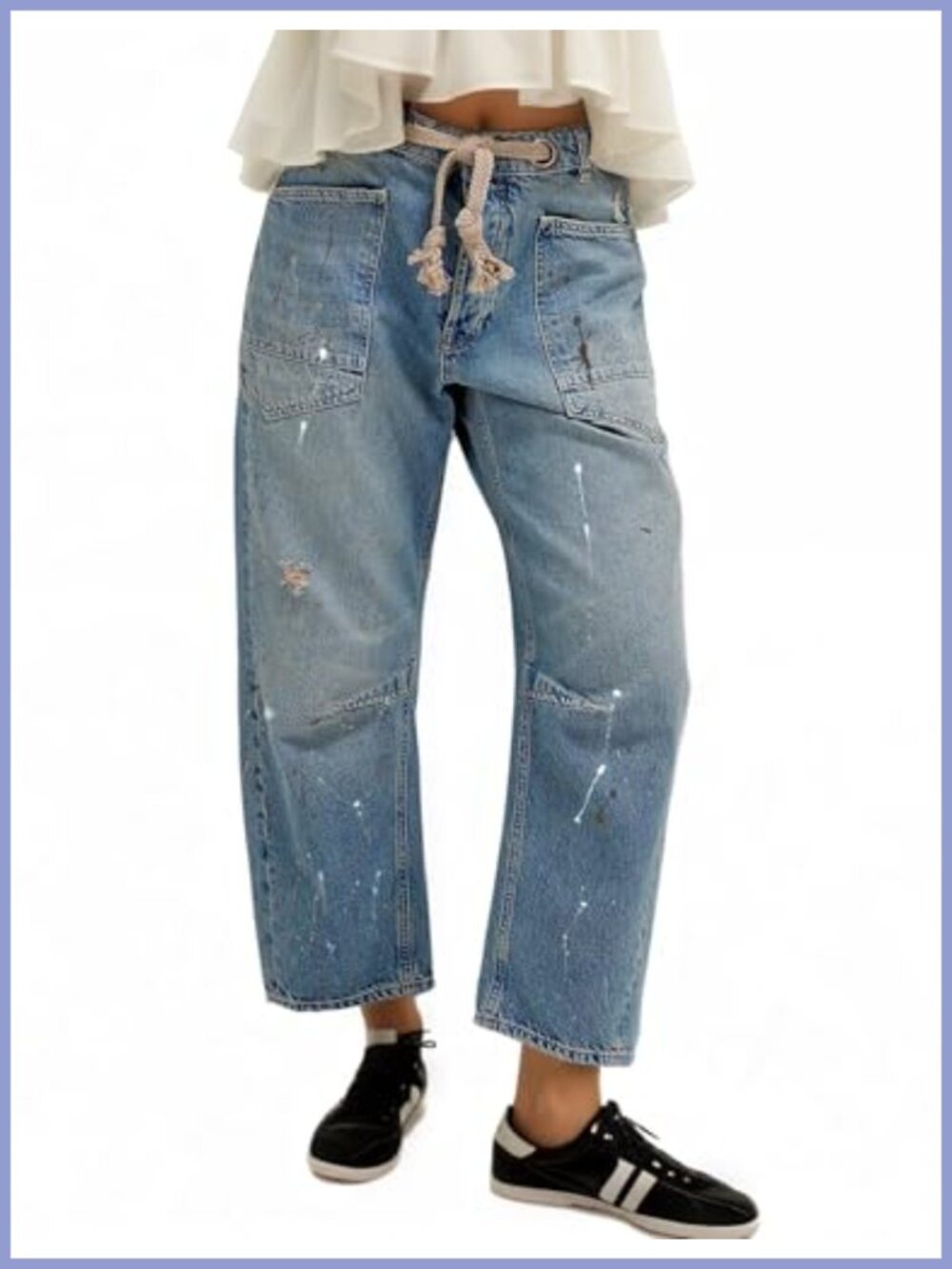 Pull-On Barrel Jeans Mid-Low Rise Boyfriend Drawstring Ankle Baggy Stretch